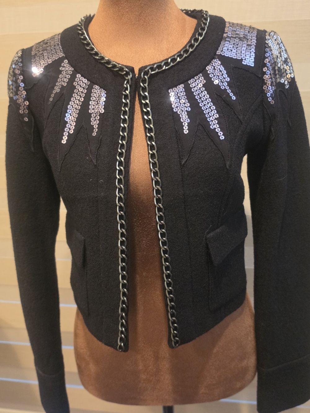 Guess Black Chain-Trim Sequin Shoulder Jacket